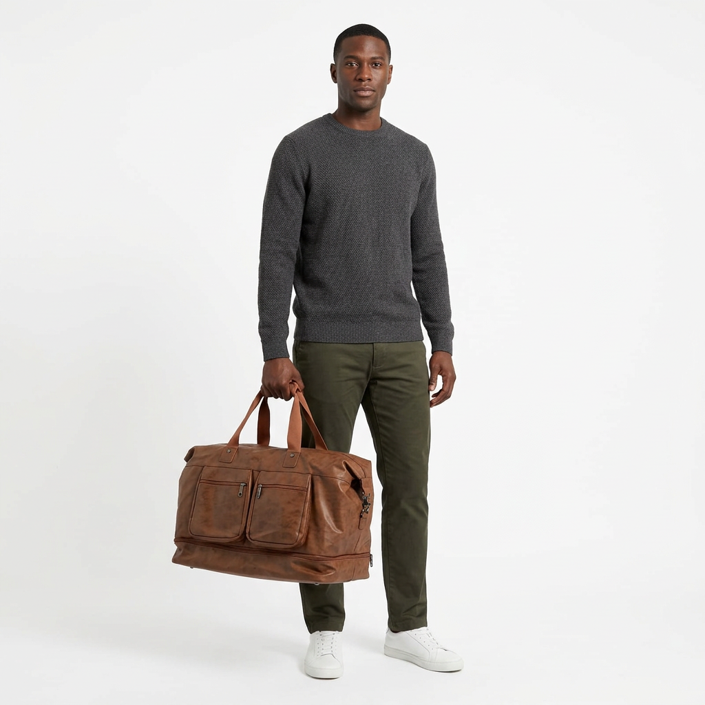Adult man carrying a light-brown twin-pocket travel bag