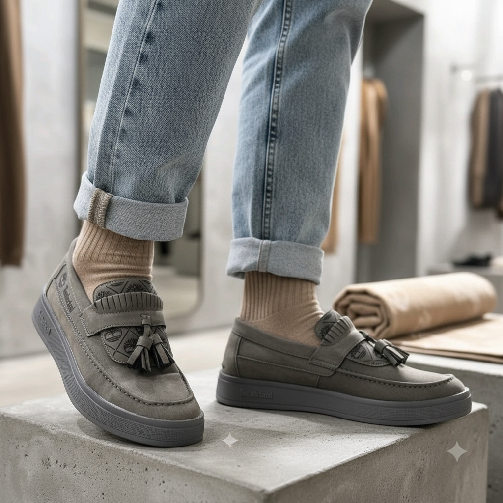 Model wearing slate grey embossed monogram suede tassel loafers leg shot
