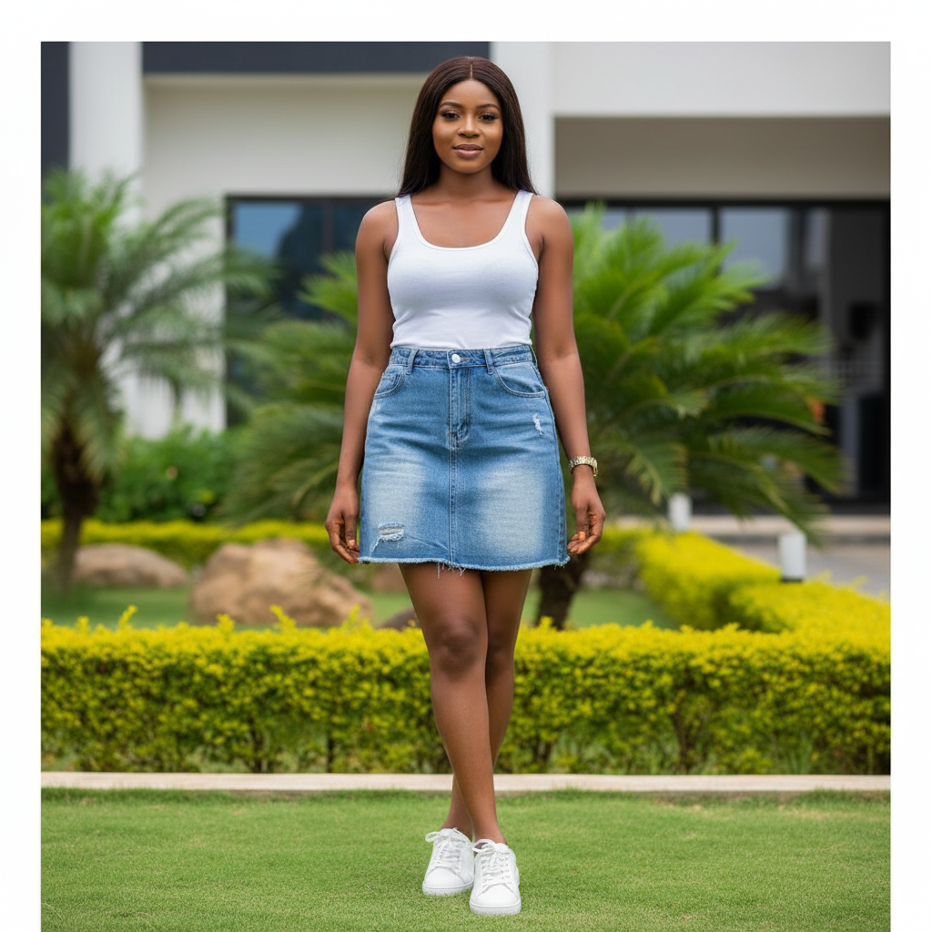 Model shot — Women's Light Blue Denim Mini Skirt with Frayed Hem
