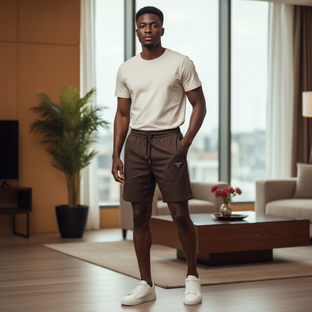 Coffee brown drawstring shorts worn by male model