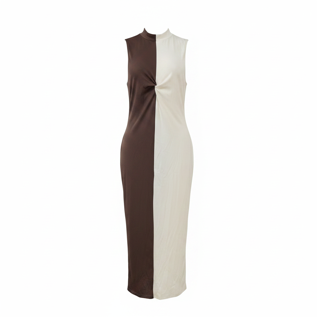 Ghost mannequin front view - brown white colour block sleeveless dress