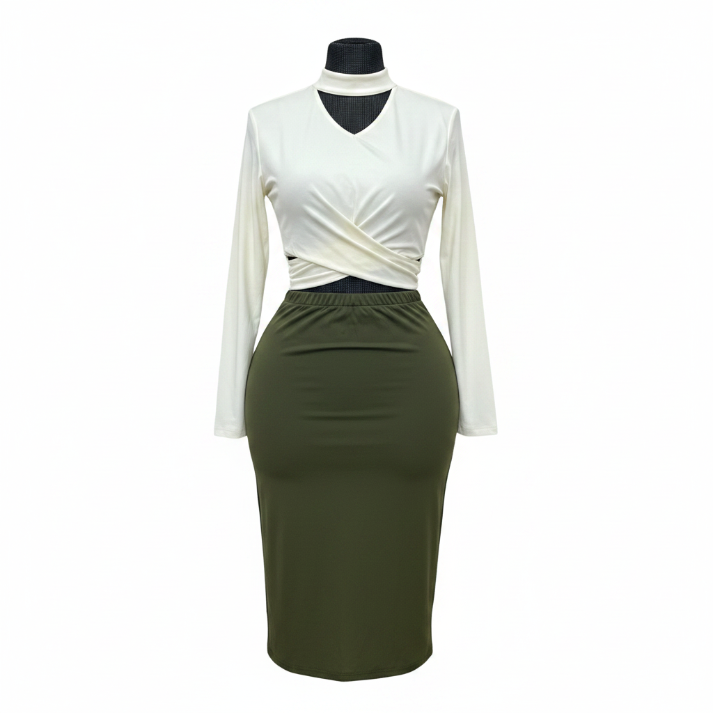 Ghost mannequin view of women's cream and olive green two-piece bodycon co-ord set