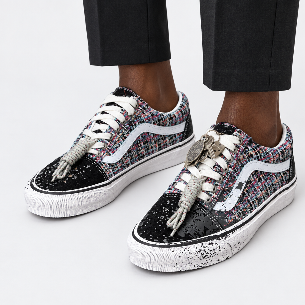 Adult wearing multicolour woven sneakers with splatter detailing