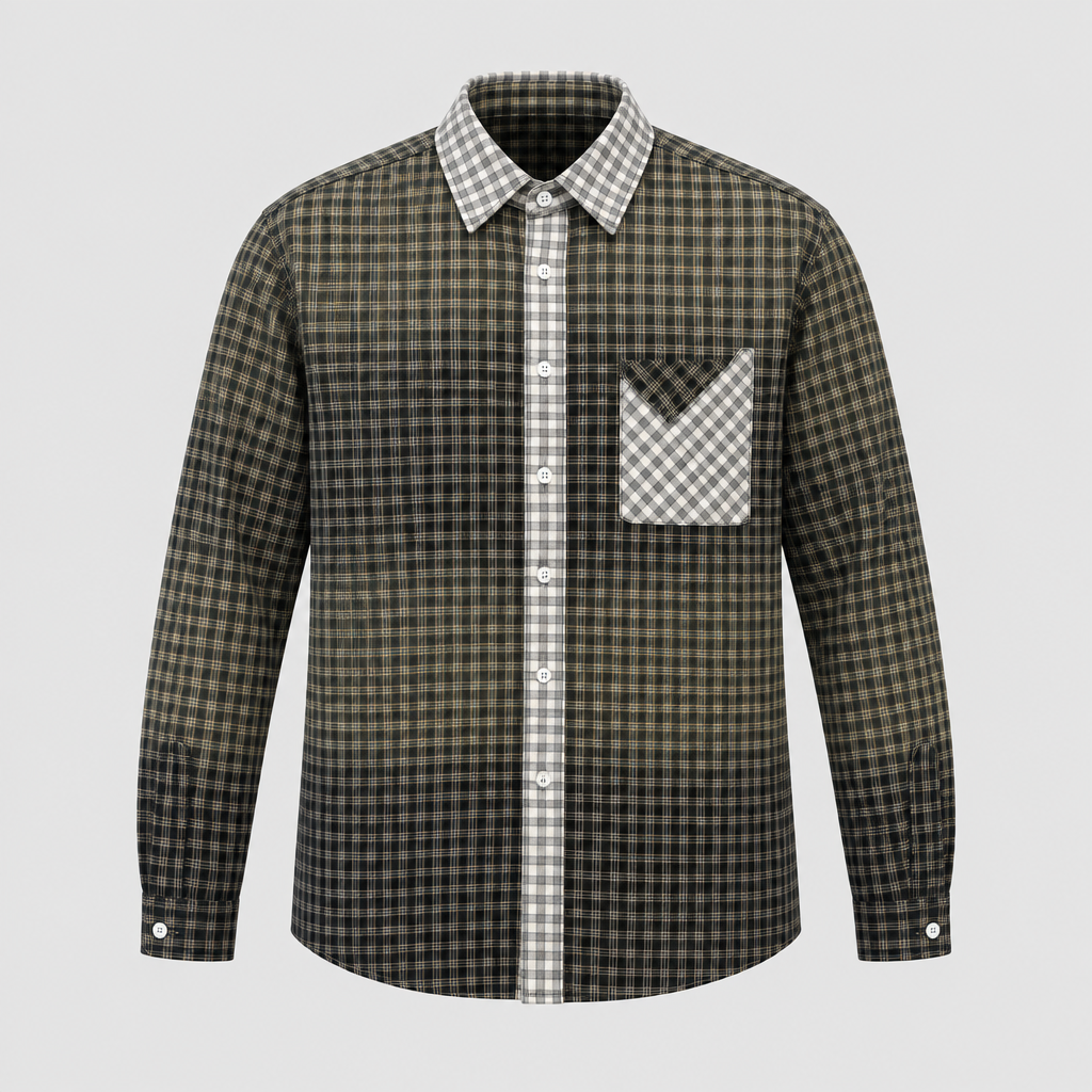 Men's olive black patchwork plaid shirt ghost mannequin