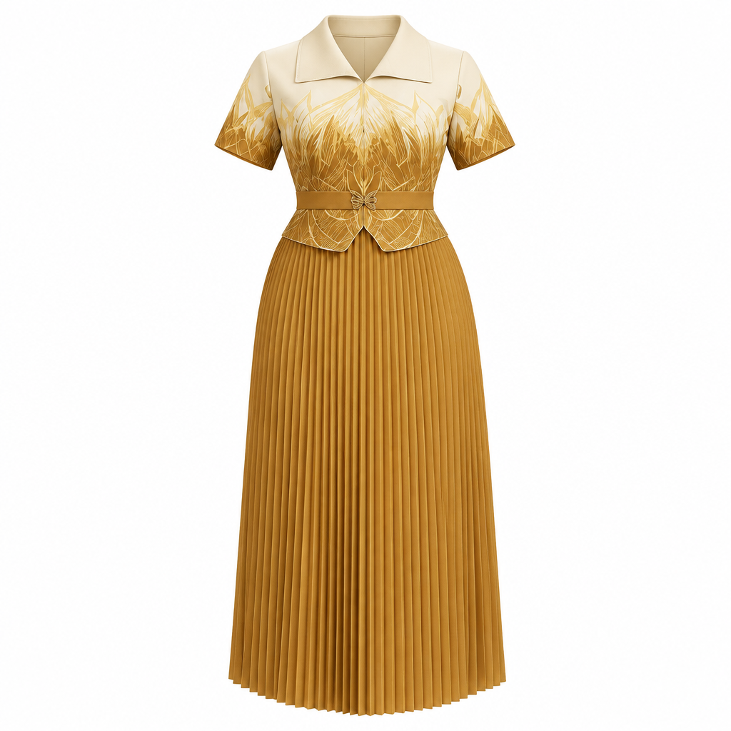 Golden tan collared contrast-print pleated occasion dress on white background