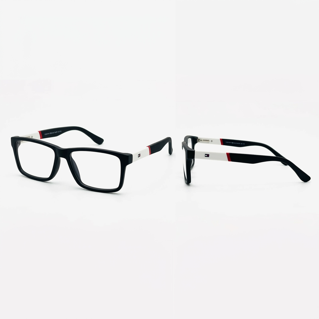 Black rectangular clear-lens eyeglasses with white temple sections and red accents, front and side views