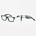 Black rectangular clear-lens eyeglasses with white temple sections and red accents, front and side views