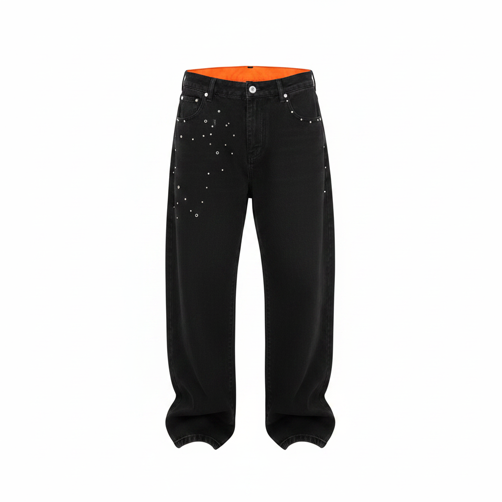 Men's black wide-leg baggy denim jeans with silver rhinestone studs and orange inner lining, ghost mannequin front view