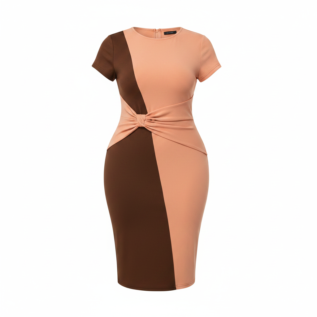 Ghost mannequin view of Women's Peach & Brown Two-Tone Ruched-Twist Waist Short-Sleeve Bodycon Midi Dress