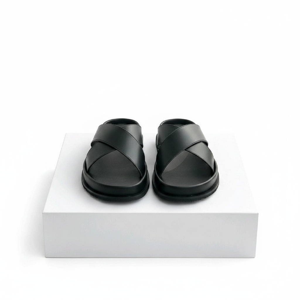 Men's black leather cross-strap slide sandals pair on white platform