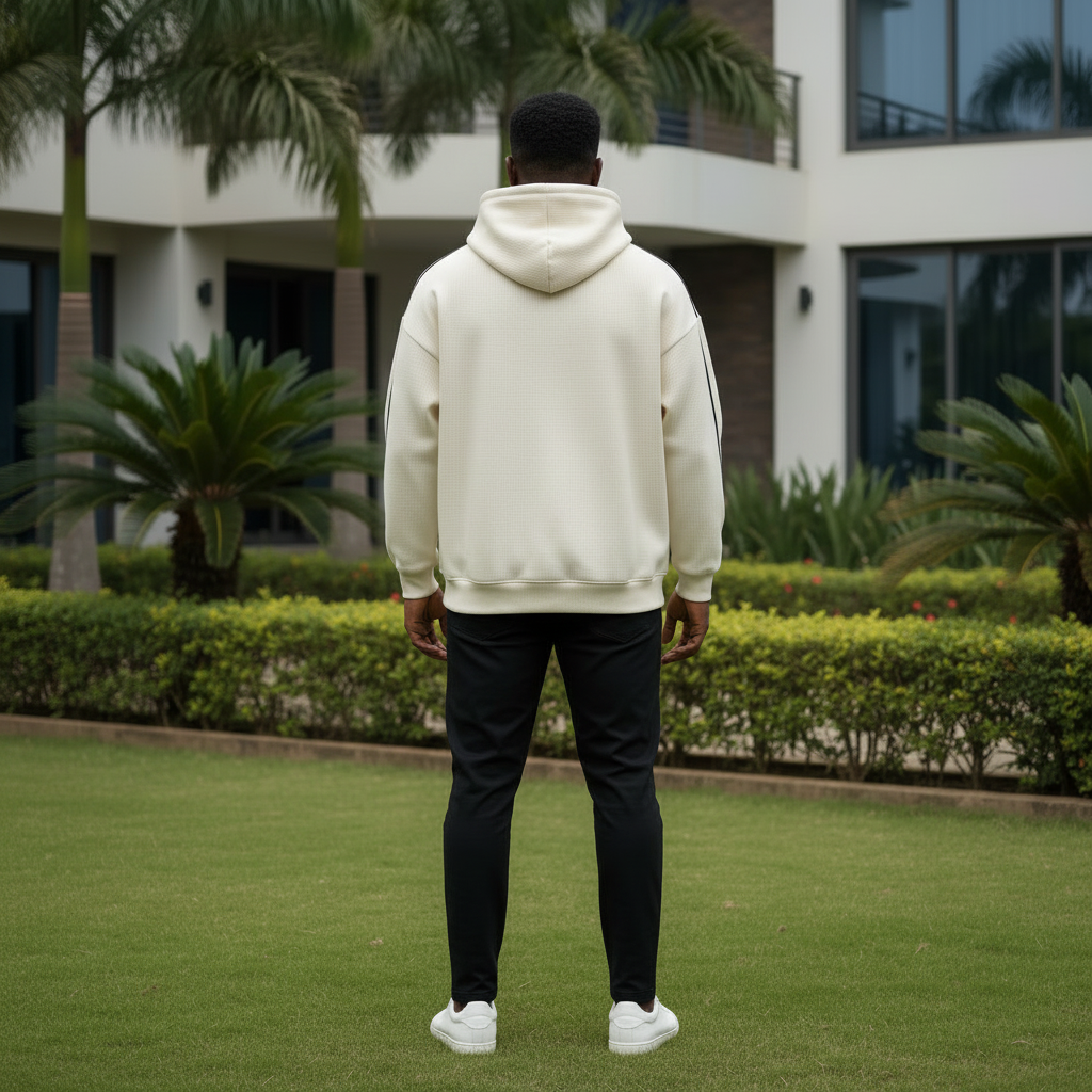 Oversized cream hoodie back view on Nigerian male model