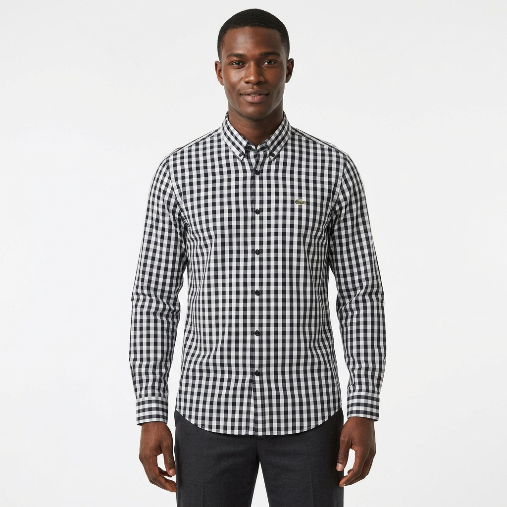 Adult Black model wearing a black and white gingham long-sleeve shirt