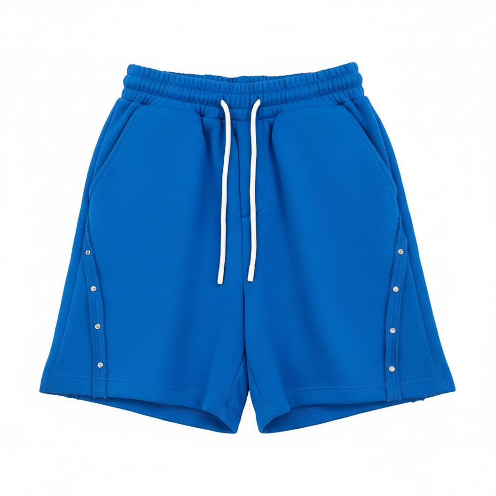 Ghost mannequin front view of royal blue fleece drawstring shorts with snap button side seam detail