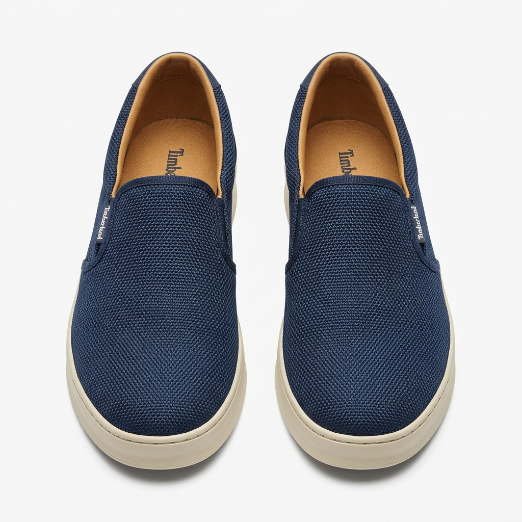 Straight-on navy textured slip-on sneakers with light cream soles