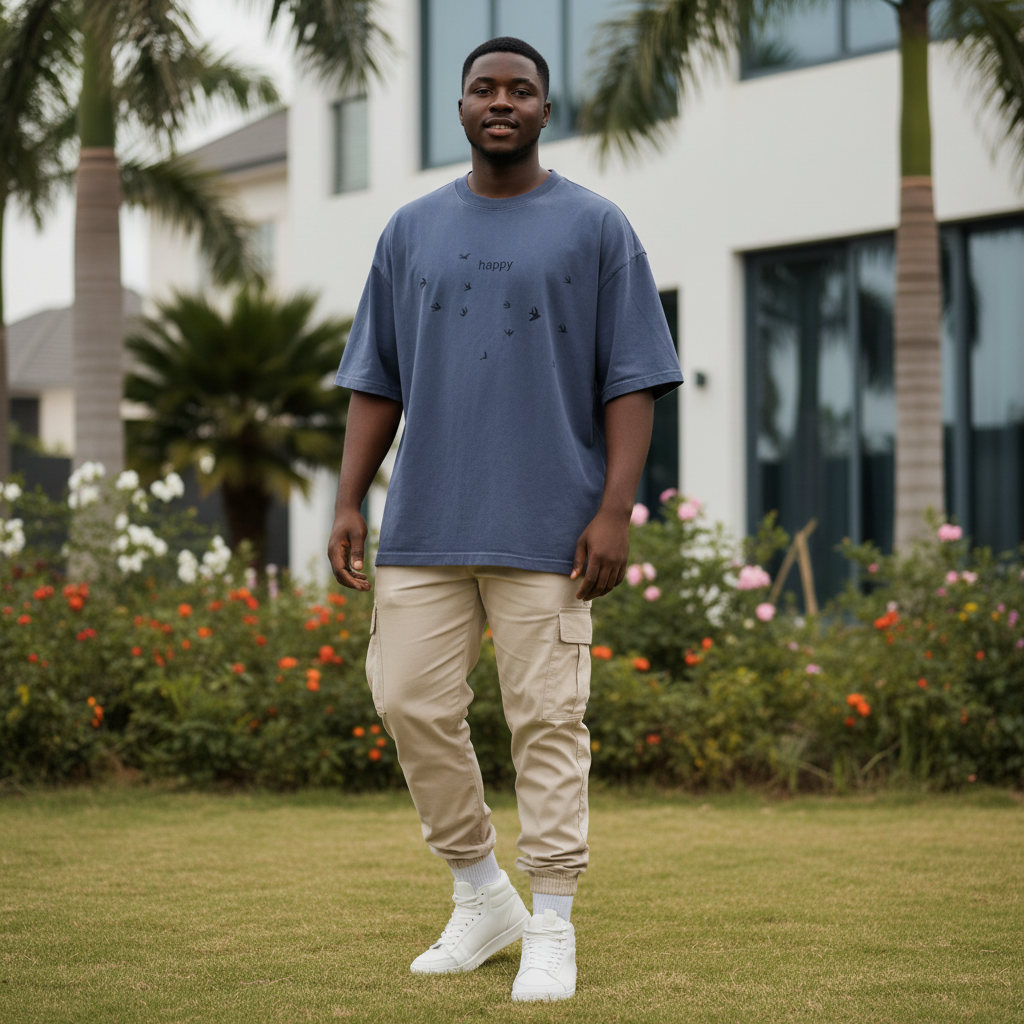 Men's Charcoal Blue Oversized Happy Bird Graphic Tee – Nigerian Male Model Shot