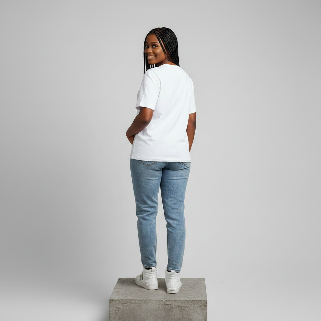 Nigerian female model back view wearing plain white T-shirt - consistent model