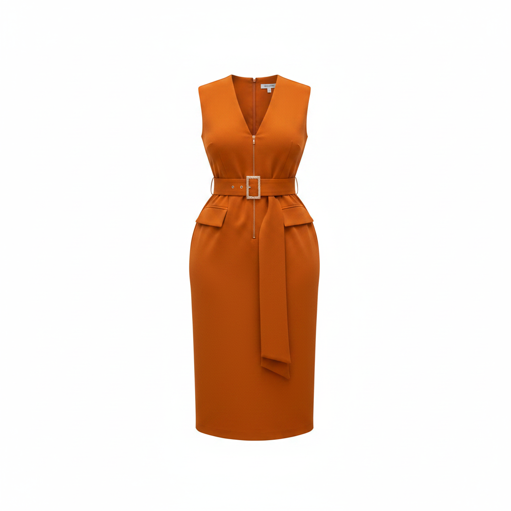 Women's orange sleeveless belted midi dress – ghost mannequin view