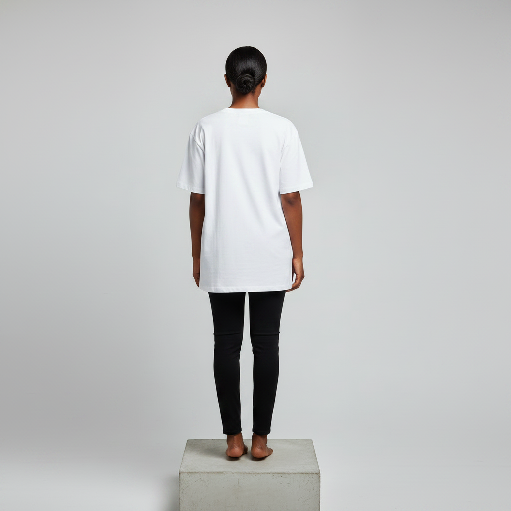 Nigerian female model back view wearing plain white T-shirt with black trousers - consistent model