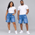 Woman and man together wearing bright blue denim shorts with cross-shaped side details