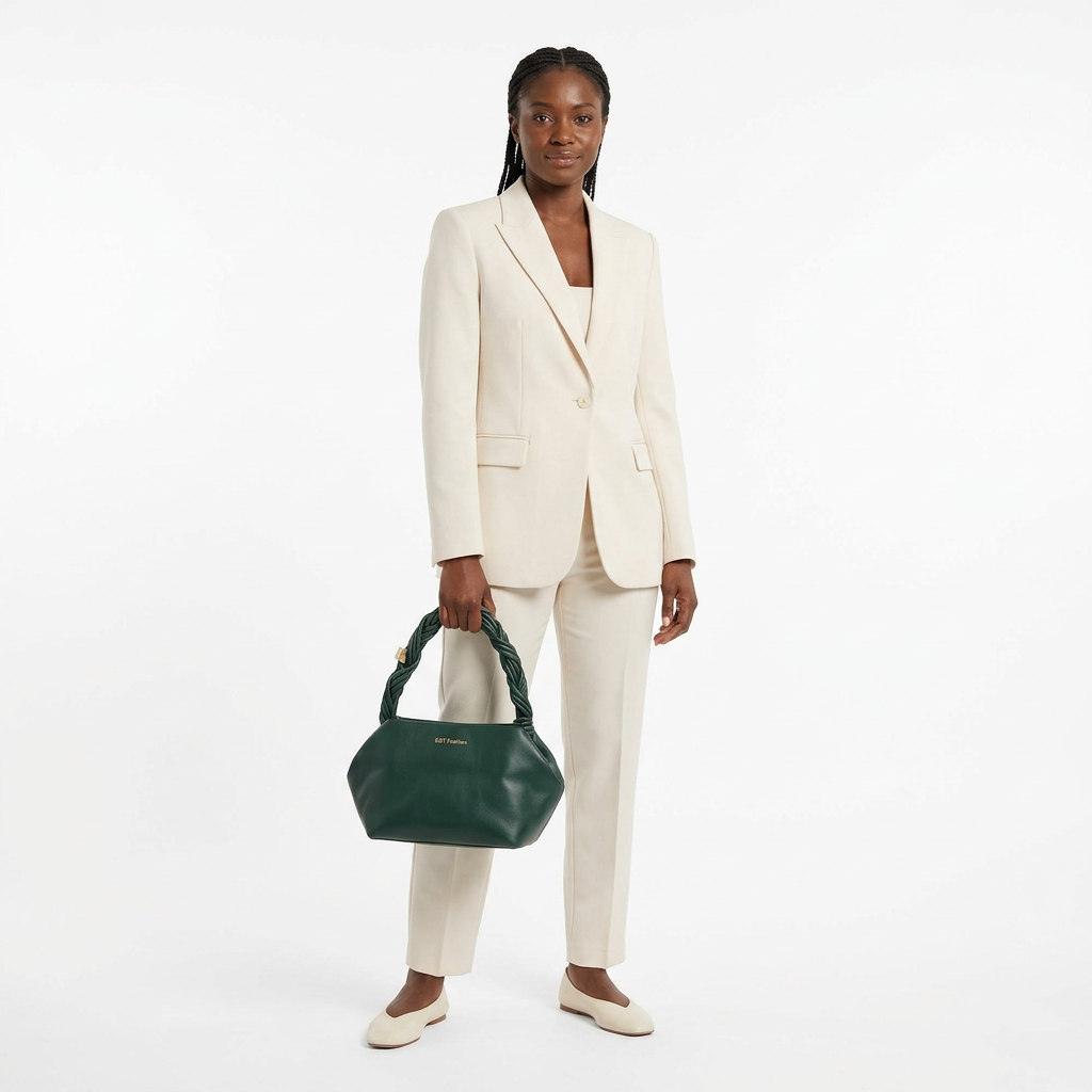 Woman in cream tailoring holding forest green braided-handle handbag