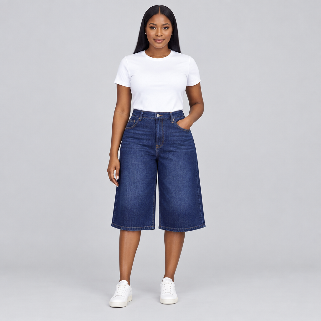 Female model wearing dark indigo wide-leg denim long shorts