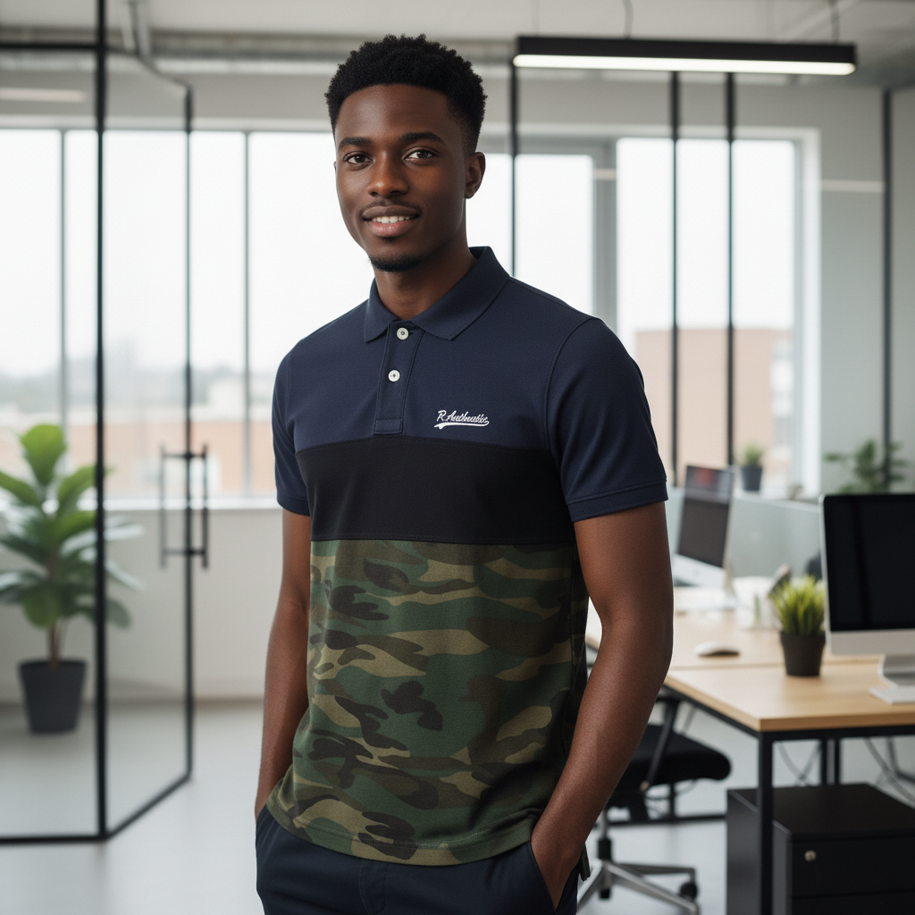 Navy Camo Colour Block Polo Shirt on Nigerian male model
