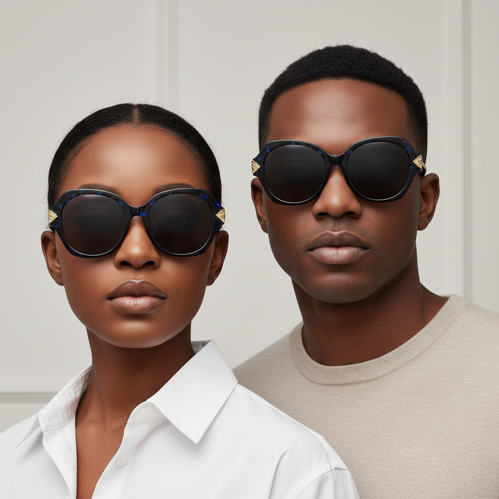 Nigerian female and male models wearing oversized round blue tortoise sunglasses with gold detail