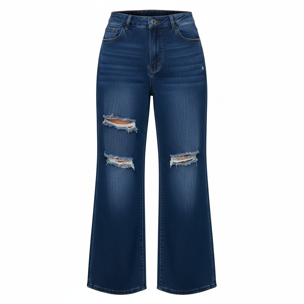 Women's deep blue high-waist wide leg ripped denim jeans ghost mannequin view on white background