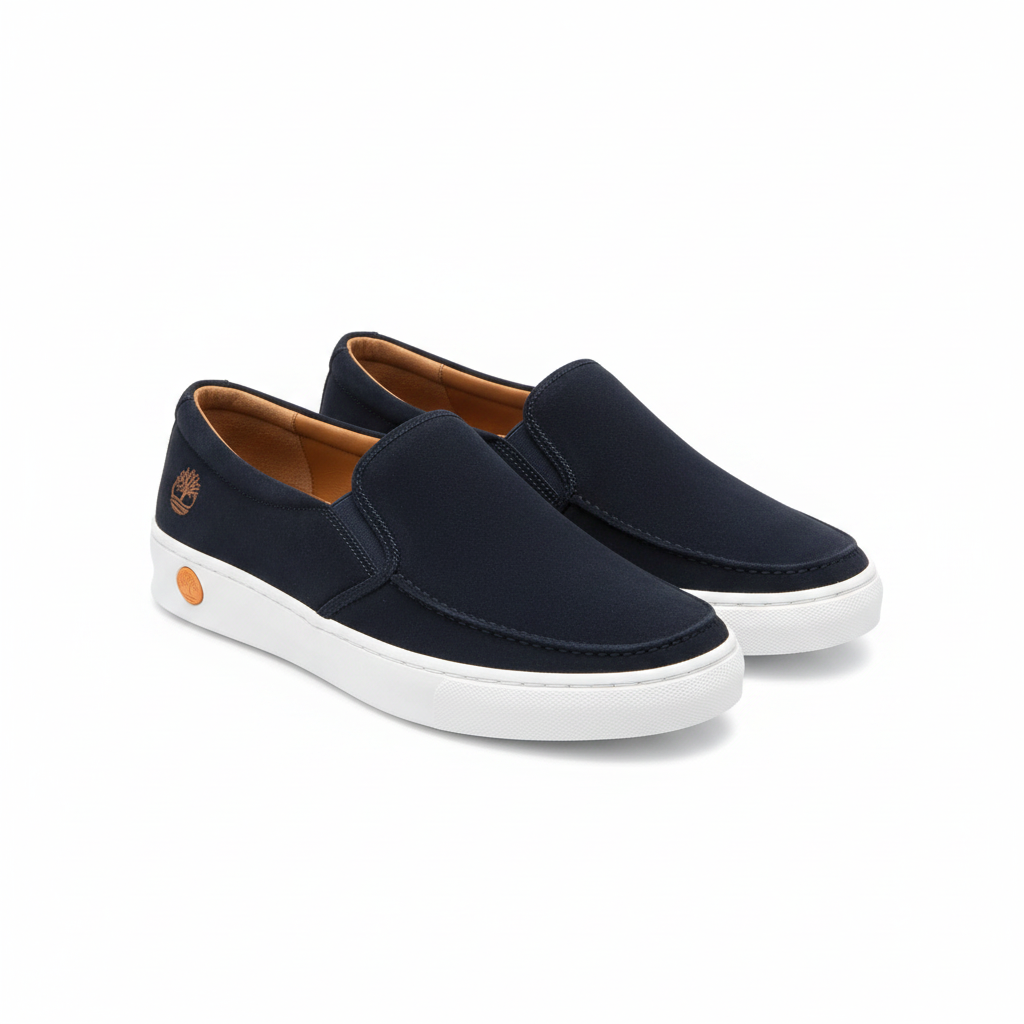Navy blue suede slip-on loafers pair with white sole on white background