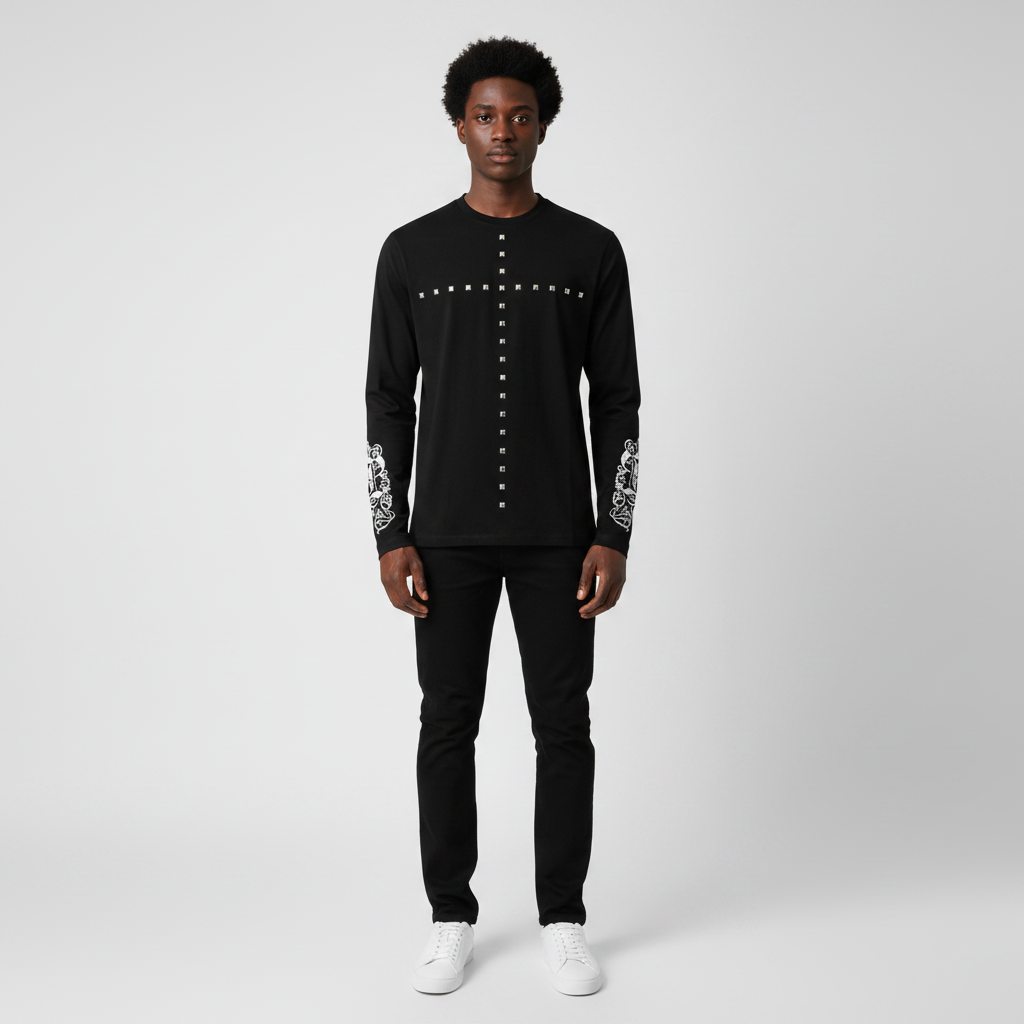 Man wearing the black studded cross long sleeve tee