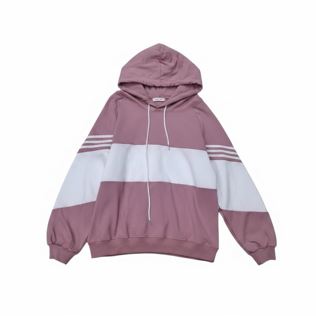 Women's dusty pink white colourblock stripe pullover hoodie - ghost mannequin front view