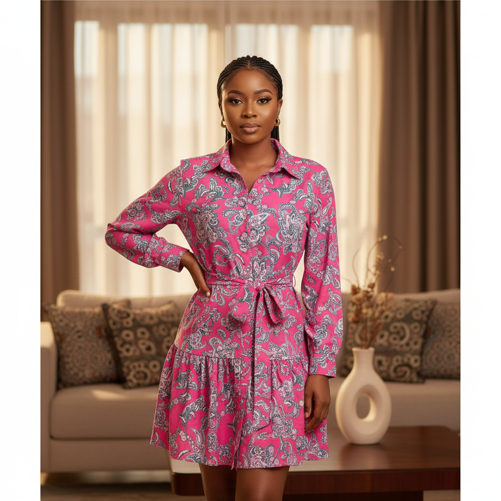 Paisley Ruffle Shirt Dress Pink - Model Shot