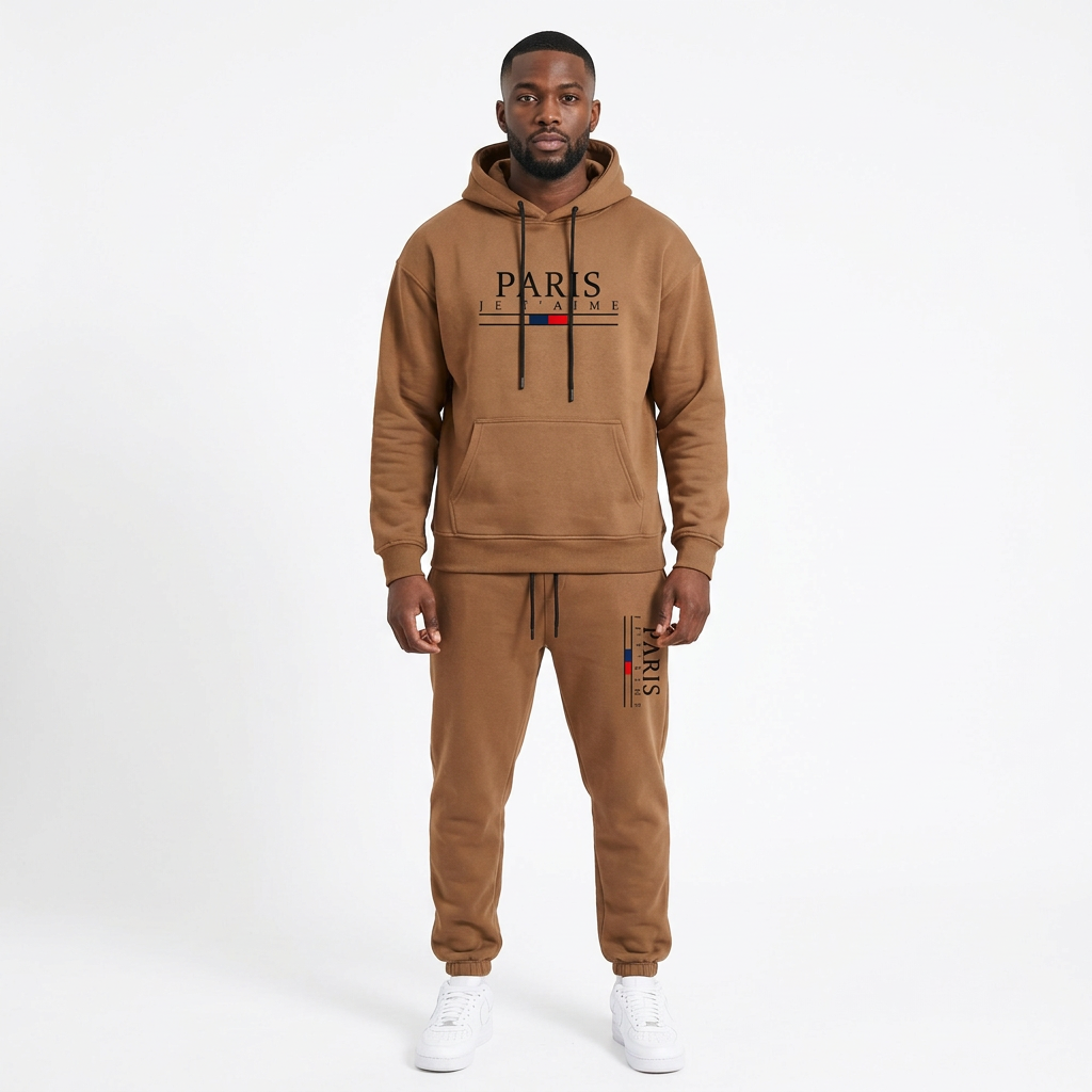 Adult Black model wearing a brown letter-print hoodie and cuffed jogger set