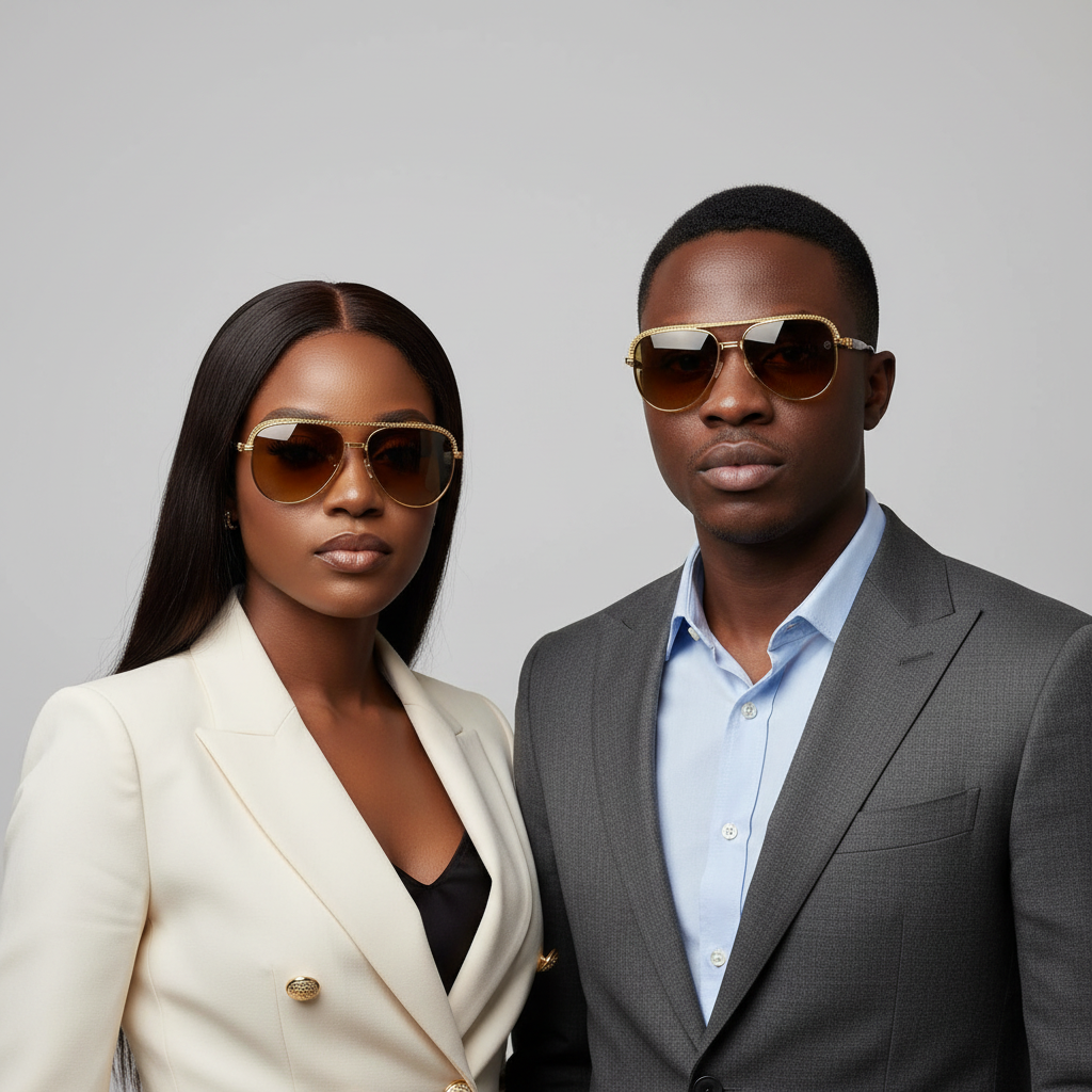 Nigerian female with sleek weavon and male model wearing luxury gold aviator sunglasses with braided brow bar, tortoiseshell temples and amber lens – editorial medium shot professional grey background