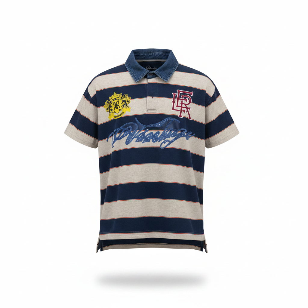 Ghost mannequin view of the navy and cream striped rugby polo shirt