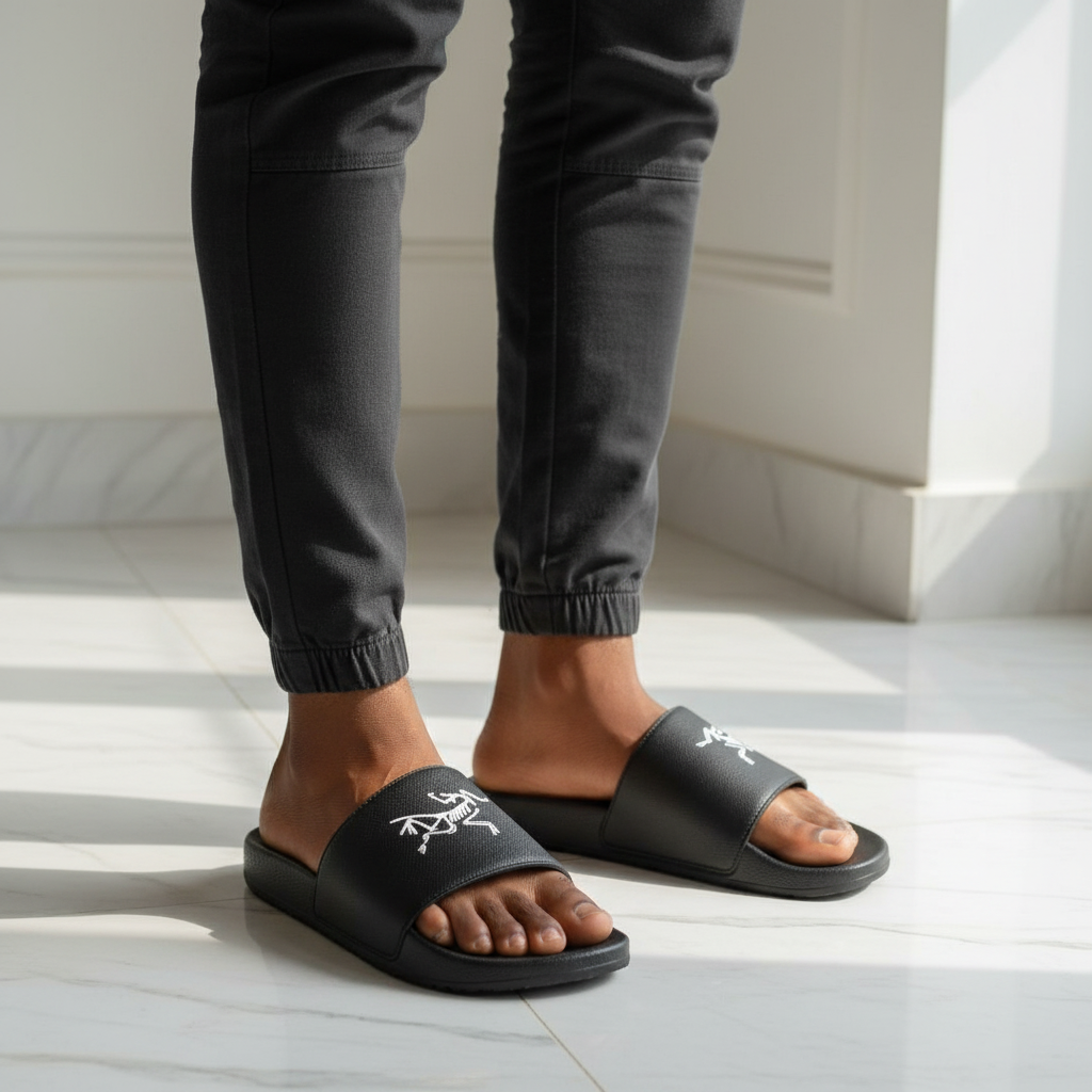 Star Money Shoes Arc’teryx Bird Logo Slides – Model Shot