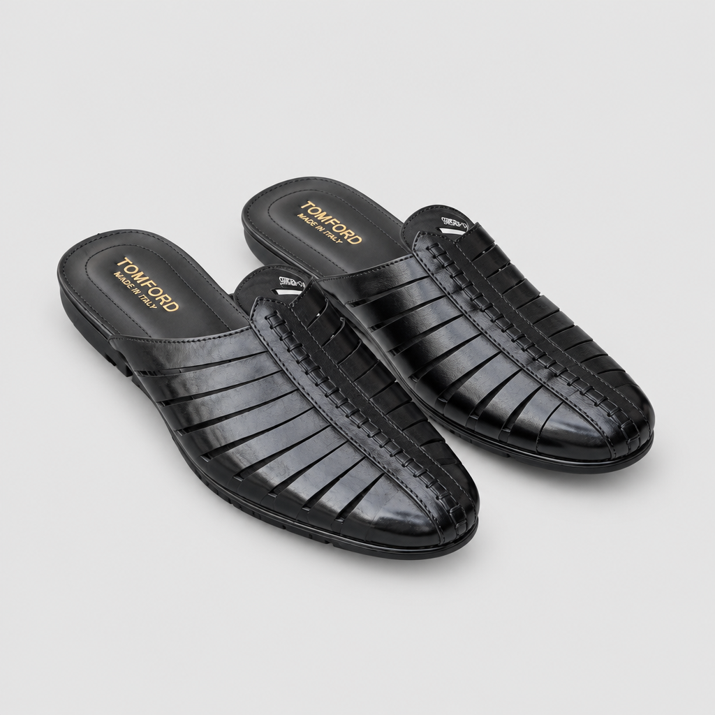 Pair of men's black cutout open-back slip-on mules