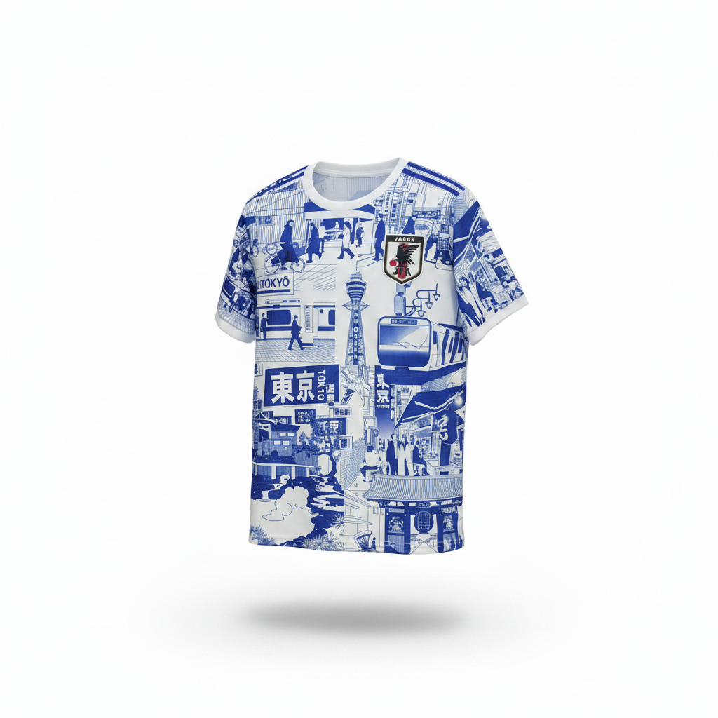 White blue cityscape graphic football jersey ghost mannequin front view