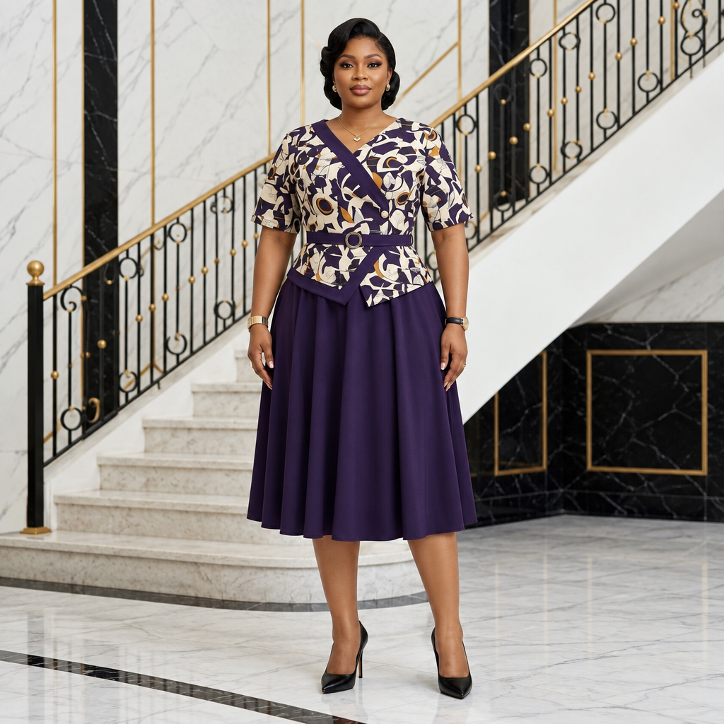 Black Nigerian woman wearing aubergine printed wrap-bodice dress