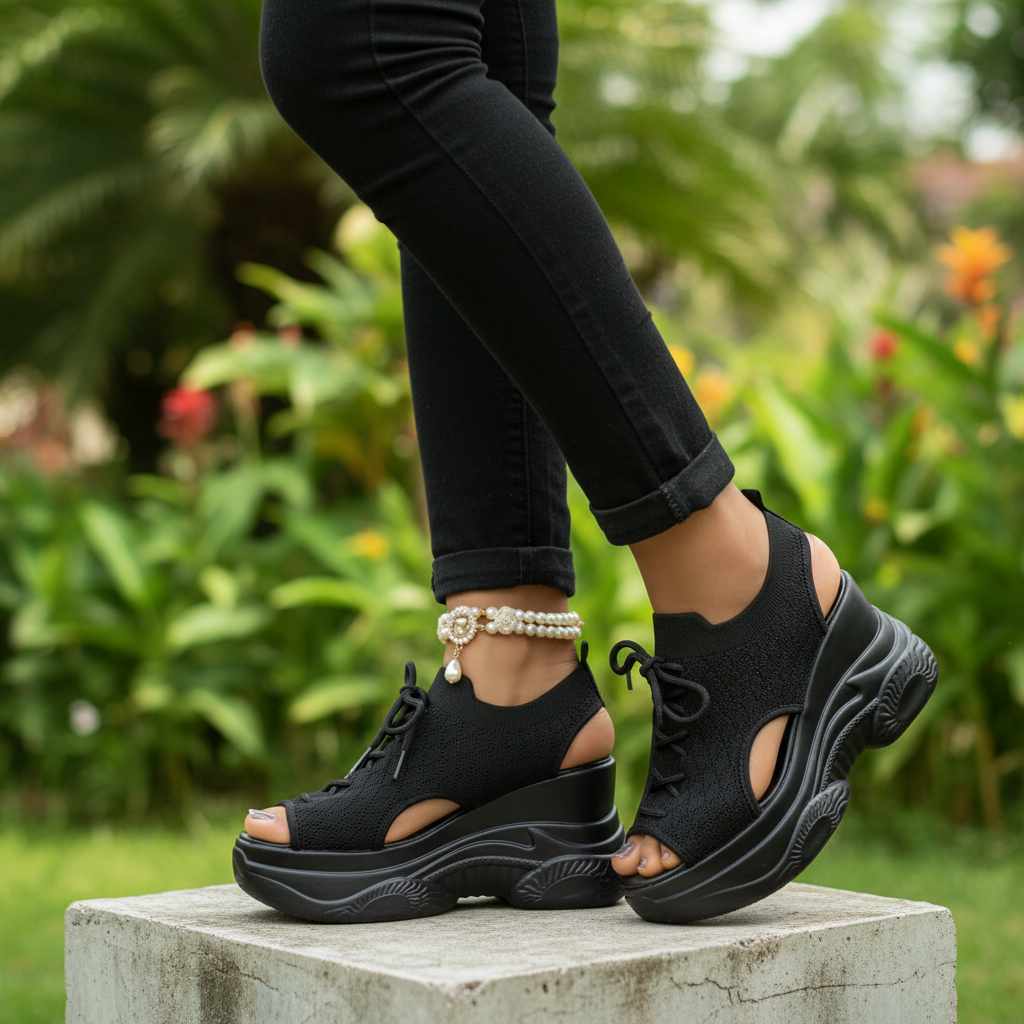 Leg focus shot of Nigerian female model wearing all-black peep-toe knit wedge sneakers