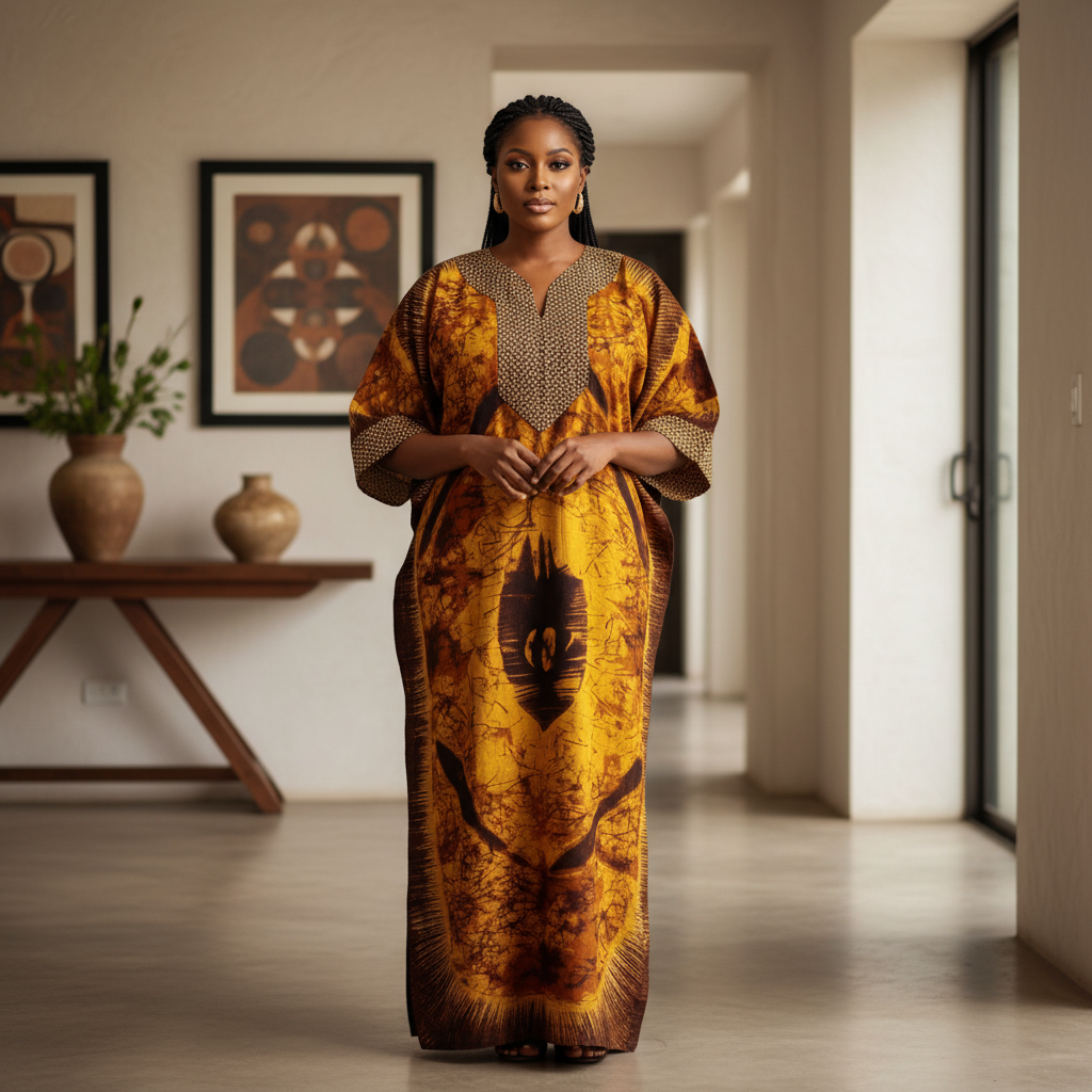 Gold Batik Medallion Kaftan Dress - Front Model View