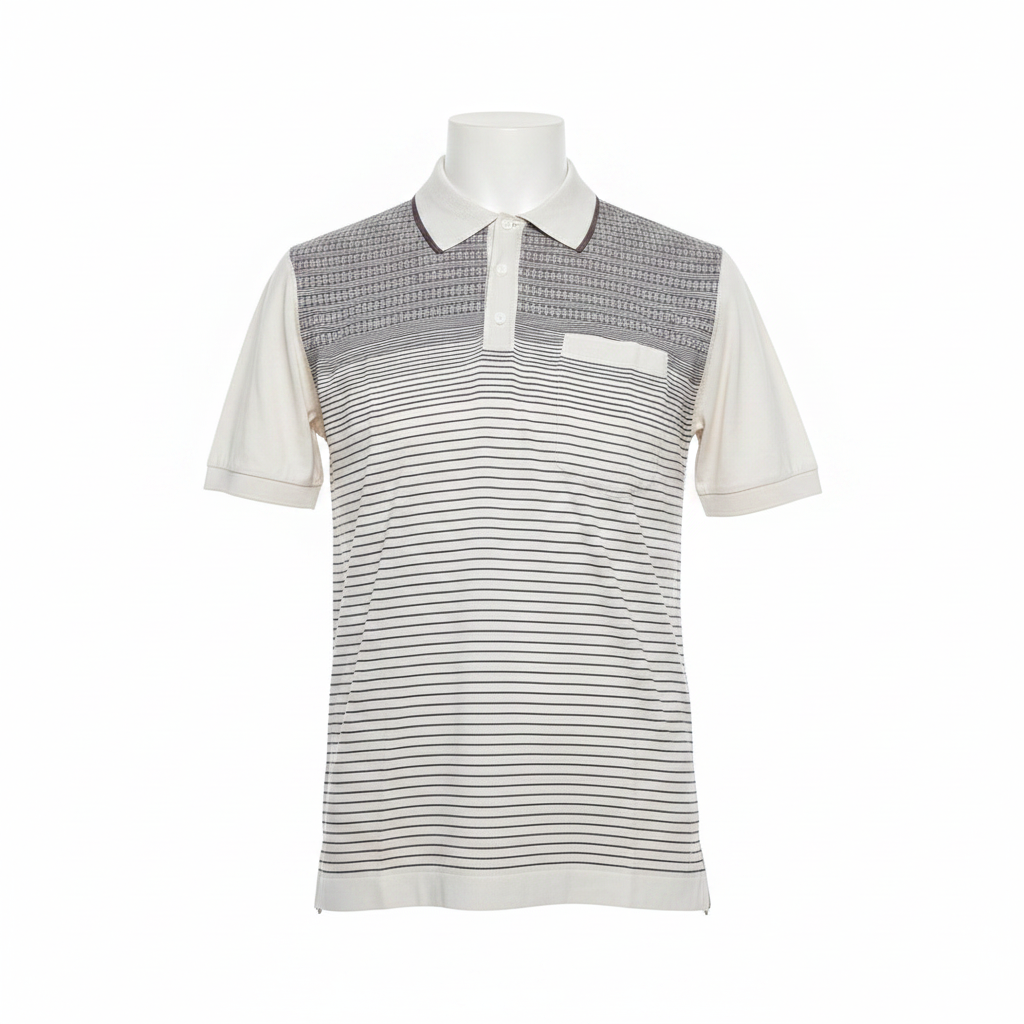 Cream Jacquard Yoke Pinstripe Polo Shirt - Ghost Mannequin