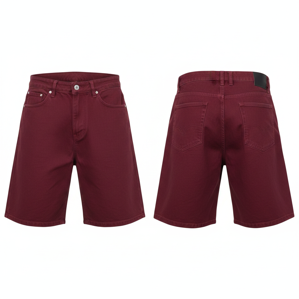 Men's burgundy wine red wide-leg denim shorts ghost mannequin front and back view