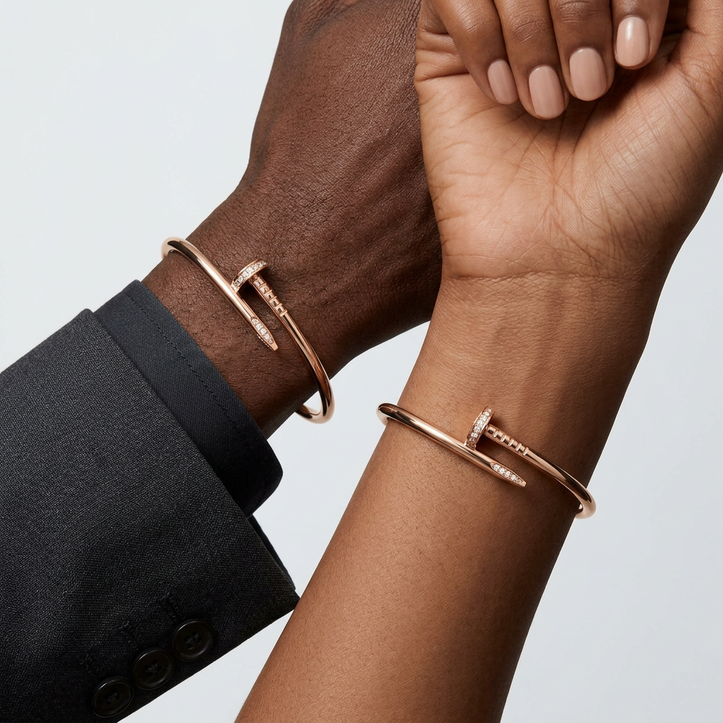Rose-gold-tone nail bracelet on male and female wrists