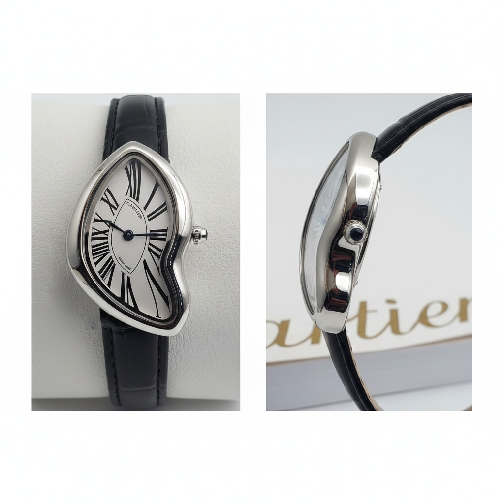 Asymmetric silver watch with black Roman numerals and black strap front and side view