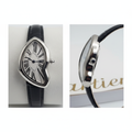 Asymmetric silver watch with black Roman numerals and black strap front and side view
