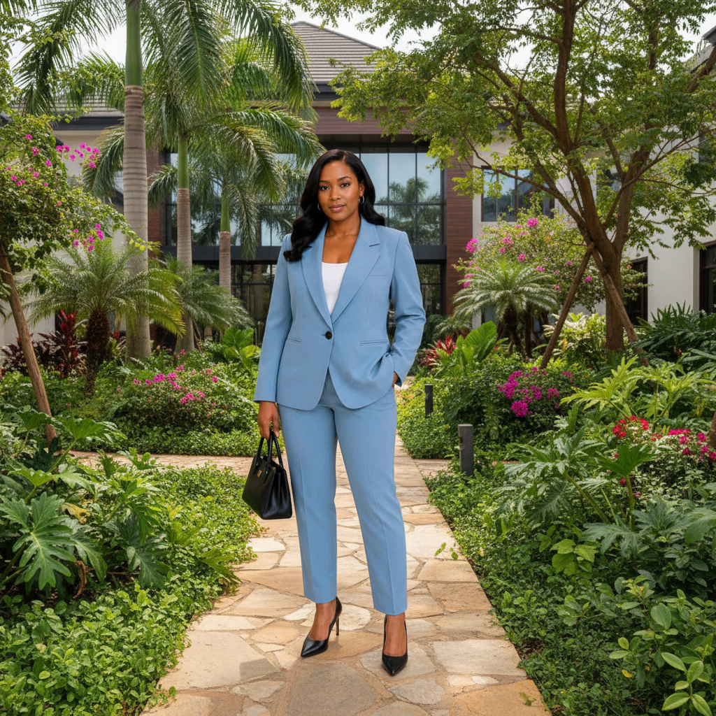 Nigerian female model wearing women's powder blue two-piece blazer suit set – lifestyle shot