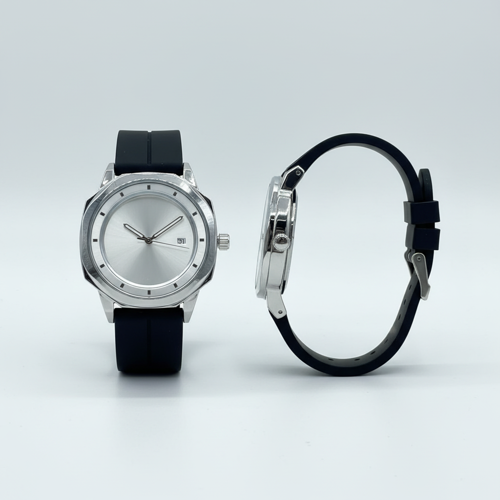Silver-white dial wristwatch with a black strap shown from the front and side