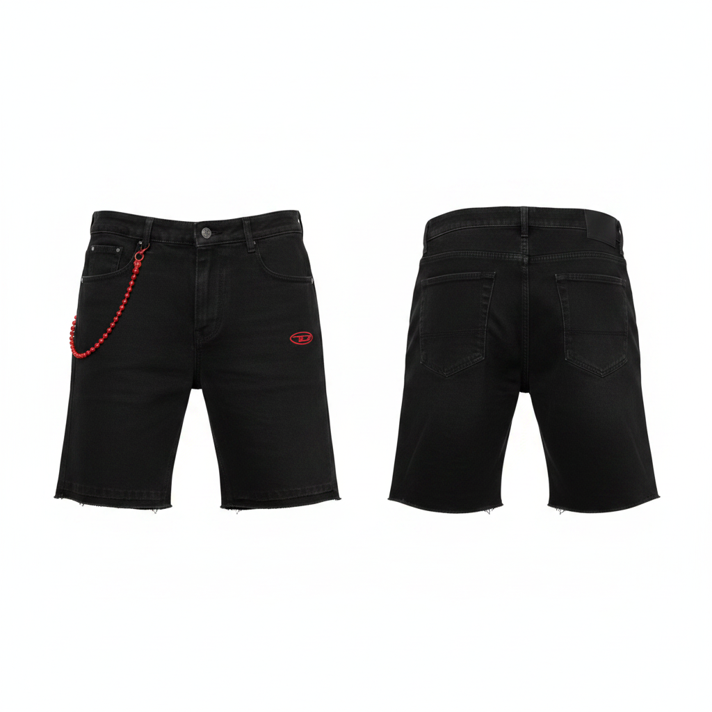 Men's black red beaded chain logo patch raw hem denim shorts ghost mannequin front and back view
