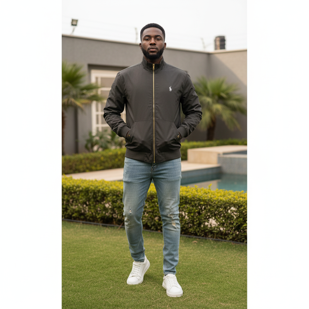 Men's charcoal grey zip-up bomber jacket worn by Nigerian male model